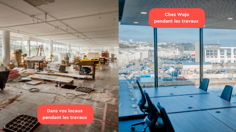 a gauche une photo de travaux et à droite le coworking wojo